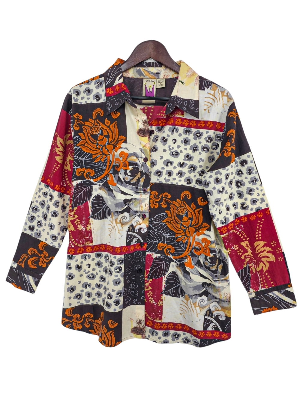 Anthony Originals Patchwork Art Blouse Boho Statement Button Up Cotton Large